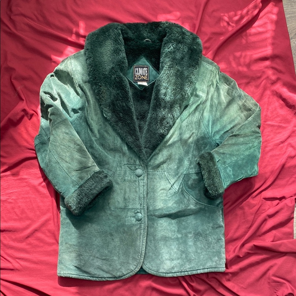 Green Suede, Faux Fur Coat by Climate Zone
